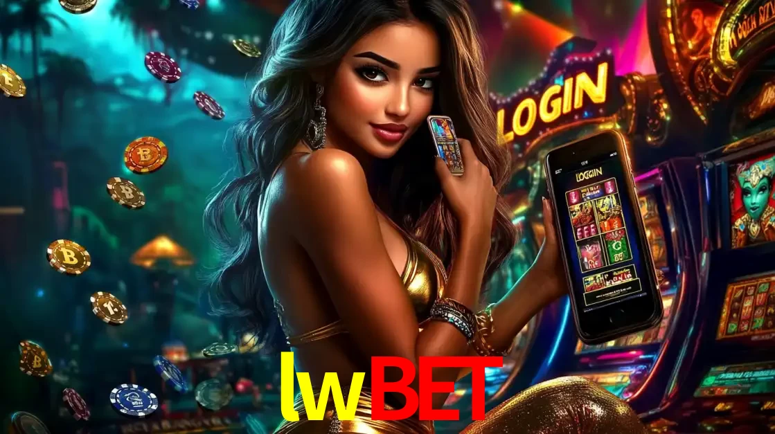 Mulher em um cenário de cassino temático de aventura, mostrando o app de caça-níqueis da lwbet no celular. Fichas de apostas flutuam ao redor.