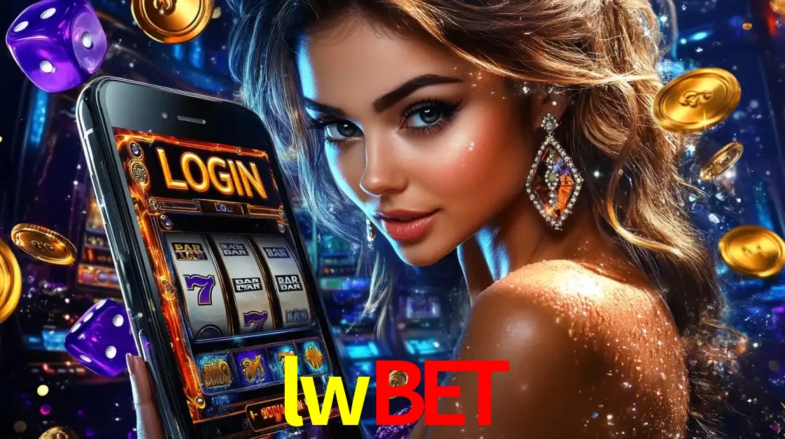 Mulher glamorosa segurando um smartphone com a tela de login para os jogos de caça-níqueis do cassino online lwbet, com moedas de ouro e dados ao redor.