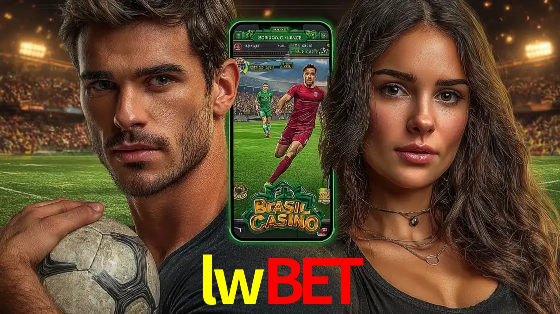 Homem segurando uma bola de futebol e uma mulher ao lado de um smartphone exibindo o jogo de apostas esportivas da lwbet. Faça seu palpite no cassino online.